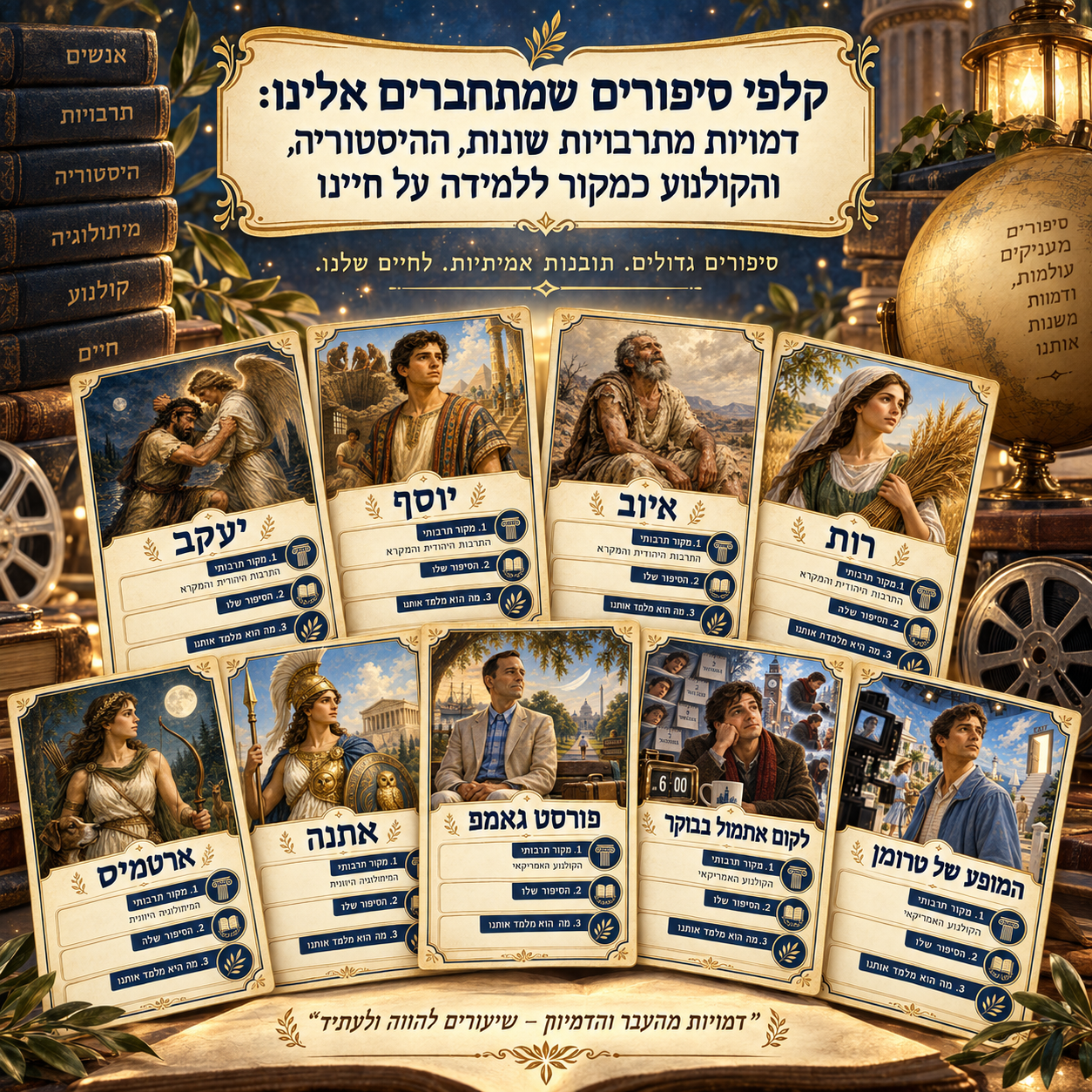 מבחר קלפים מהערכה: יעקב, יוסף, איוב, רות, ארטמיס, אתנה ודמויות מהקולנוע